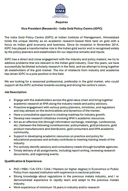 IIM Ahmedabad Vice President Recruitment – India Gold Policy Centre