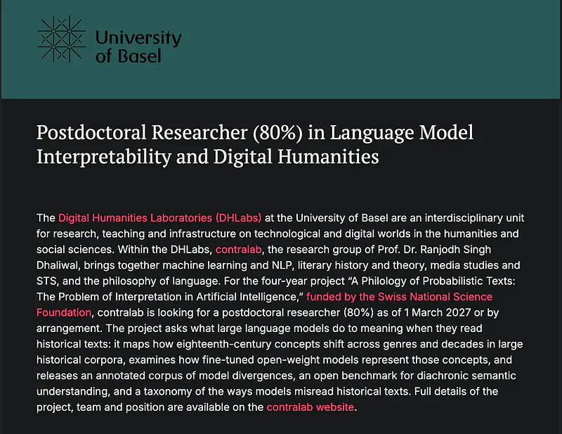 Postdoctoral Research Opportunity: Postdoctoral Researcher in Language Model Interpretability and Digital Humanities – University of Basel