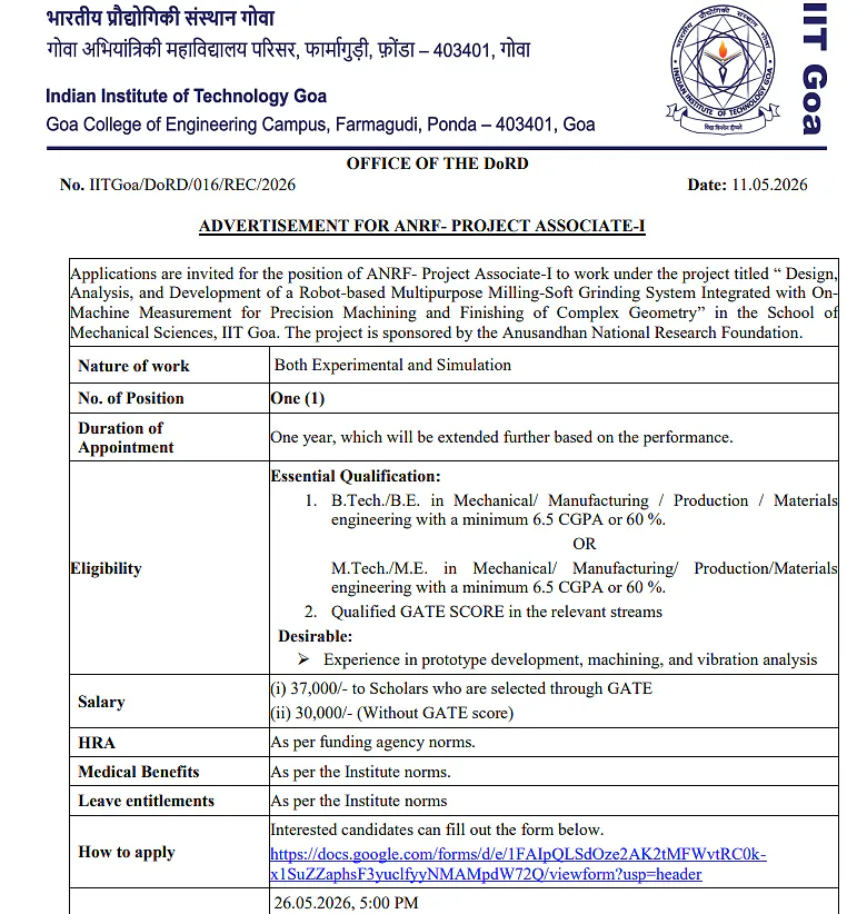 Recruitment: Project Associate-I at IIT Goa