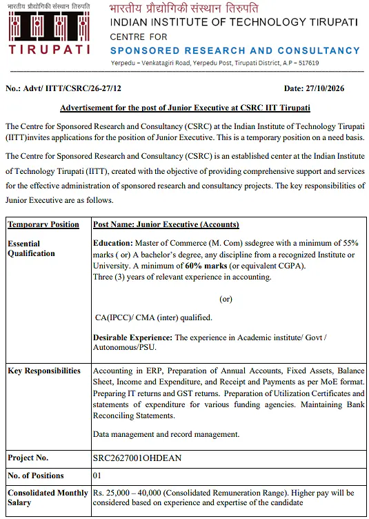 IIT Tirupati Junior Executive (Accounts) Recruitment 2026