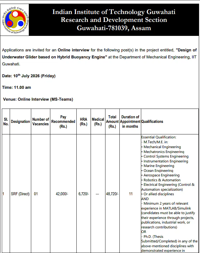 IIT Guwahati Recruitment 2026 | Senior Research Fellow (SRF) under Hybrid Buoyancy Engine Project