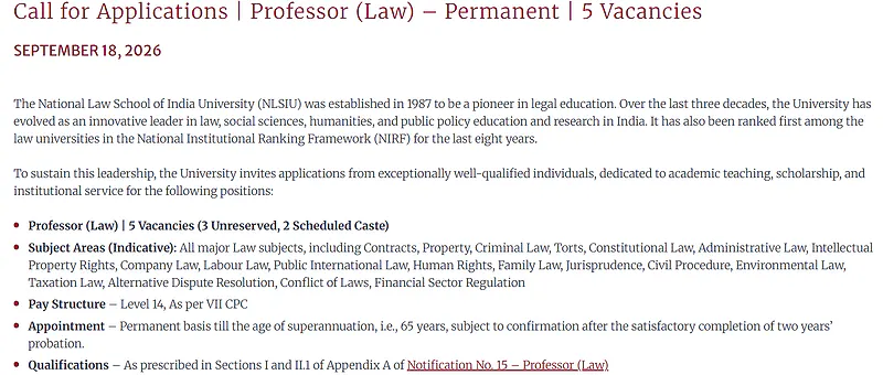 Professor (Law) Recruitment 2026 at NLSIU – 5 Permanent Faculty Positions