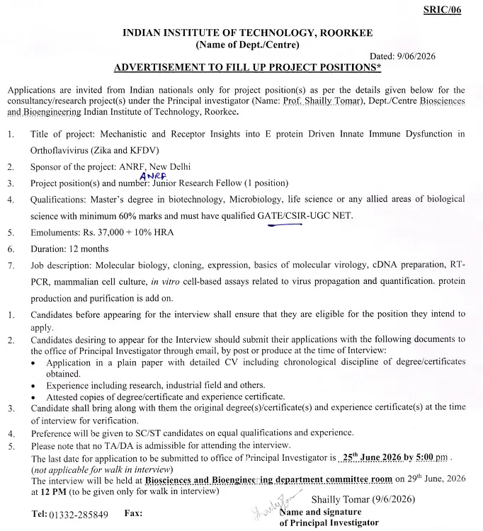 IIT Roorkee JRF Recruitment 2026 | ANRF-Funded Research Project in Virology & Molecular Biology