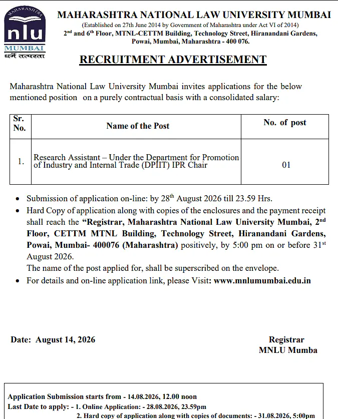 MNLU Mumbai Research Assistant Recruitment 2026
