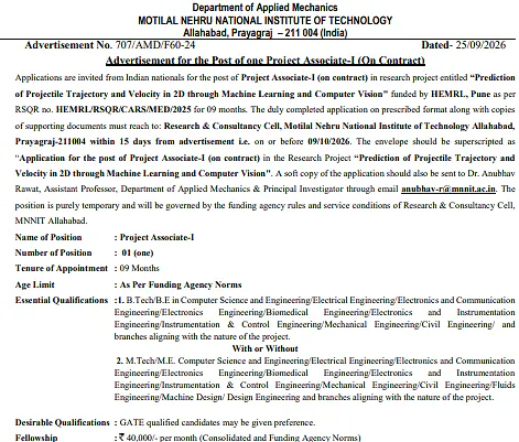 Project Associate-I Recruitment 2026 at MNNIT Allahabad – Machine Learning & Computer Vision