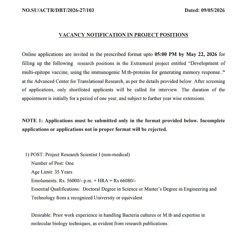 VACANCY NOTIFICATION IN PROJECT POSITIONS