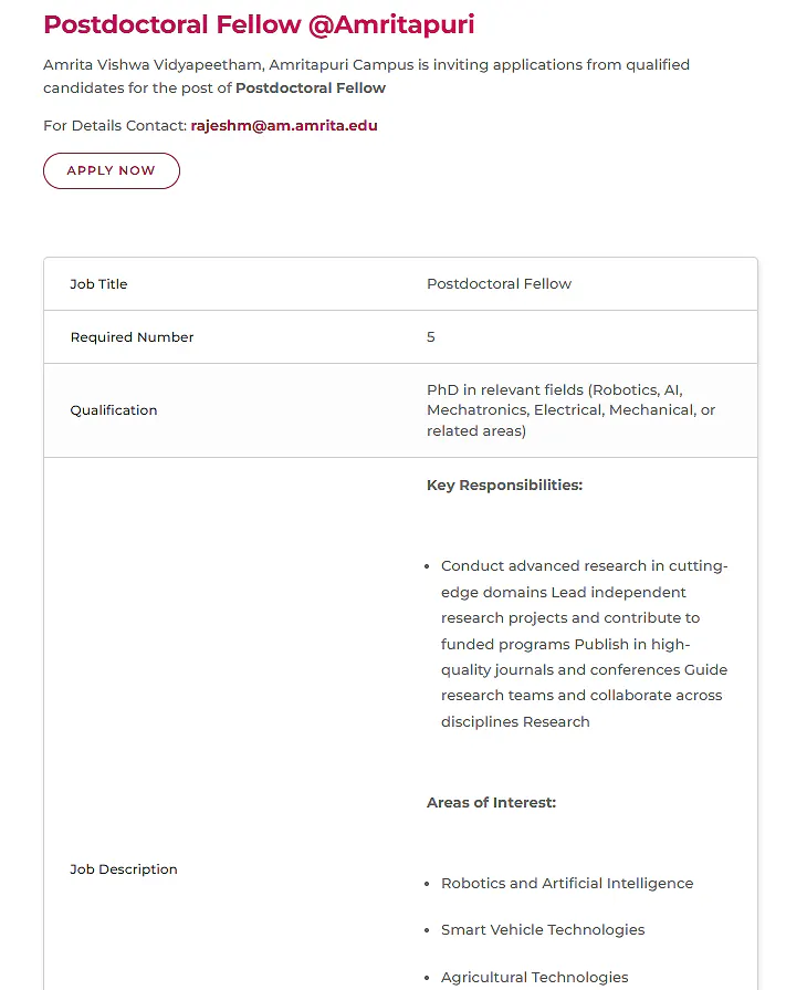 Postdoctoral Fellow Recruitment 2026 at Amrita Vishwa Vidyapeetham, Amritapuri Campus