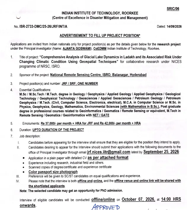JRF / SRF Recruitment 2026 at IIT Roorkee – NRSC, ISRO Sponsored Research Project