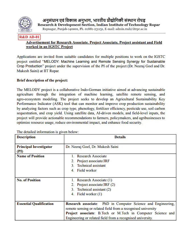 IIT Ropar Recruitment 2026 | Multiple Project Positions under IGSTC-Funded MELODY Project