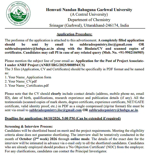 Project Associate-I Recruitment 2026 at Hemvati Nandan Bahuguna Garhwal University – ANRF Research Project