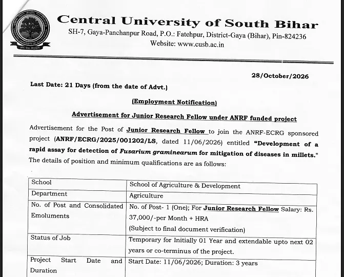 Central University of South Bihar JRF Recruitment 2026 – Junior Research Fellow in Agriculture