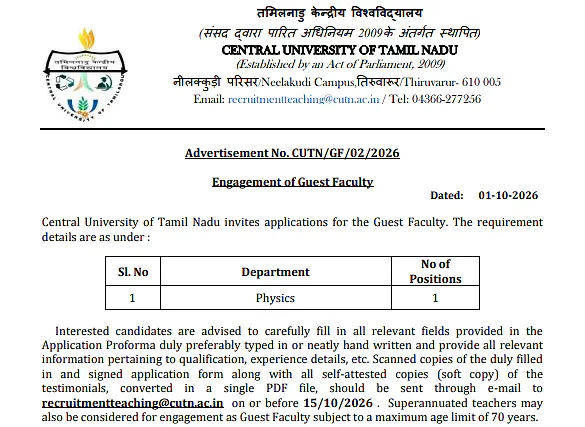 Guest Faculty Recruitment 2026 in Physics – Central University of Tamil Nadu