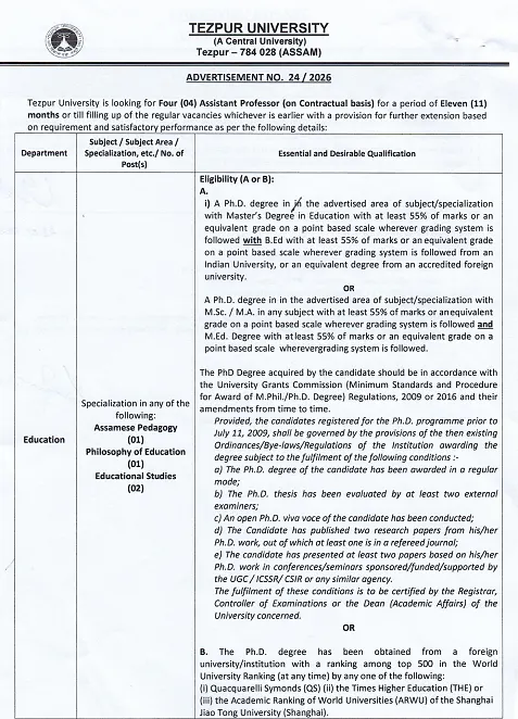 Assistant Professor Recruitment 2026 at Tezpur University – Social Work & Education