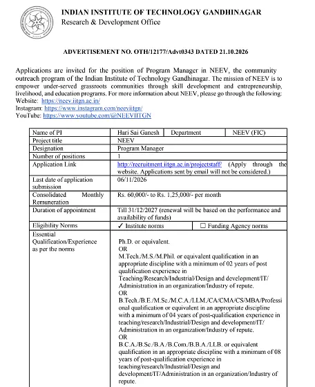IIT Gandhinagar Programme Manager Recruitment 2026 – NEEV Project 