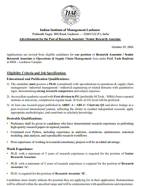 IIM Lucknow Recruitment 2026 – Research Associate and Senior Research Associate Positions in Management Research