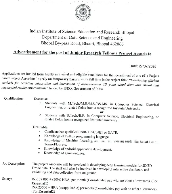 IISER Bhopal Junior Research Fellow / Project Associate Recruitment 2026