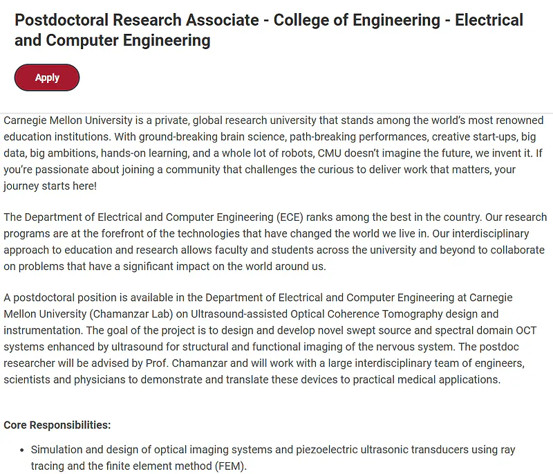 Carnegie Mellon University Recruitment 2026: Postdoctoral Research Associate – Electrical and Computer Engineering