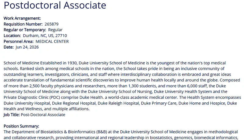 Duke University Recruitment 2026: Postdoctoral Associate (Biostatistics & Bioinformatics) 