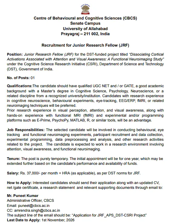 University of Allahabad JRF Recruitment 2026 – Junior Research Fellow in Cognitive Neuroscience 
