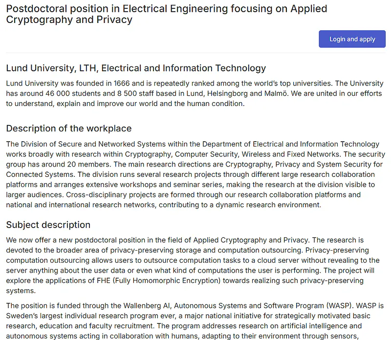 Lund University Recruitment 2026: Apply for Postdoctoral Position in Electrical Engineering (Applied Cryptography & Privacy)