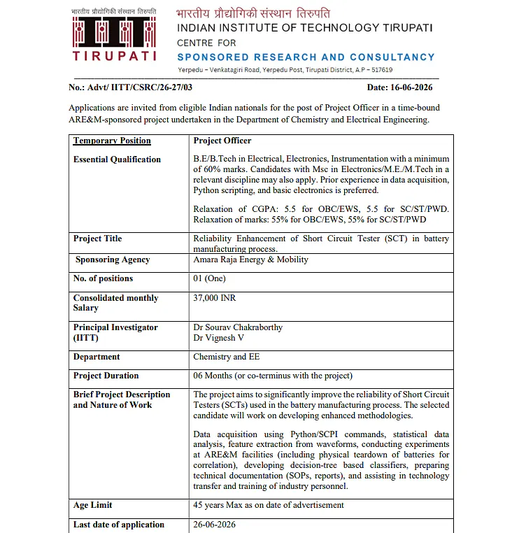 Project Officer Recruitment 2026 at IIT Tirupati – Apply for ARE&M Sponsored Project