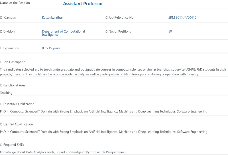 Assistant Professor Recruitment 2026 at SRMIST – Computational Intelligence