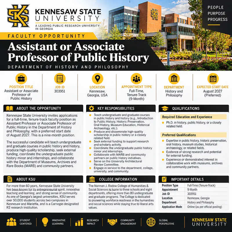 Assistant Professor or Associate Professor of Public History – Kennesaw State University