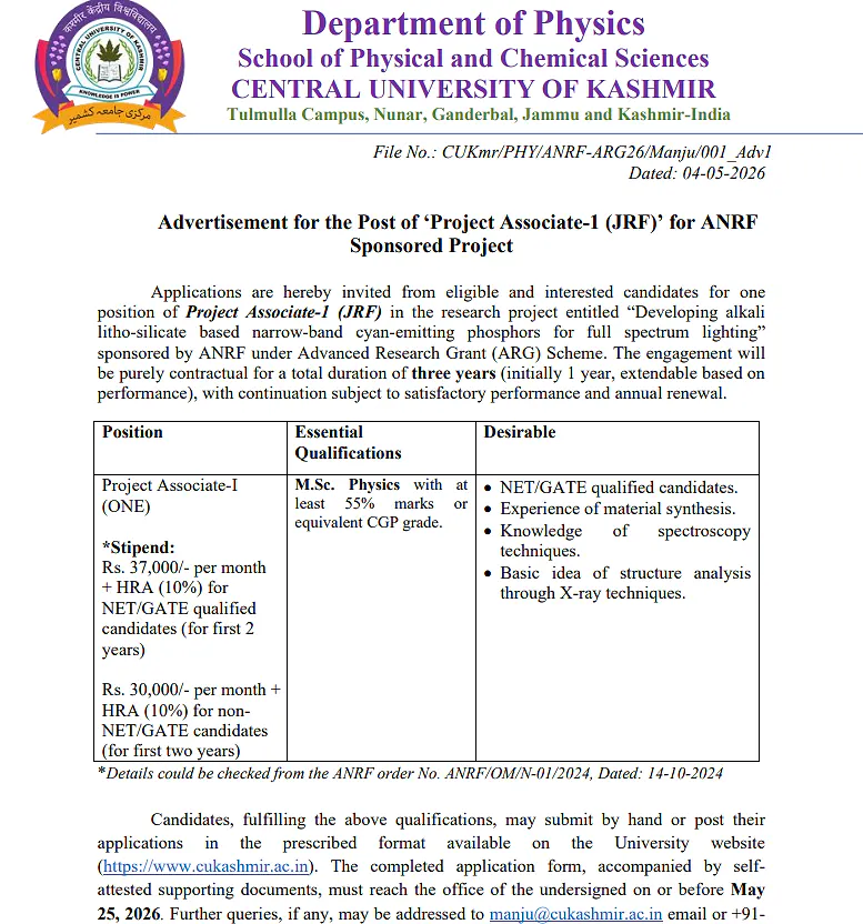 Central University of Kashmir Recruitment 2026 - Project Associate-I (JRF) 