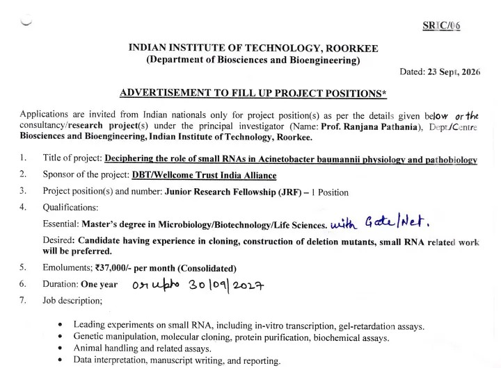 Junior Research Fellowship (JRF) Recruitment 2026 at IIT Roorkee – Biosciences and Bioengineering