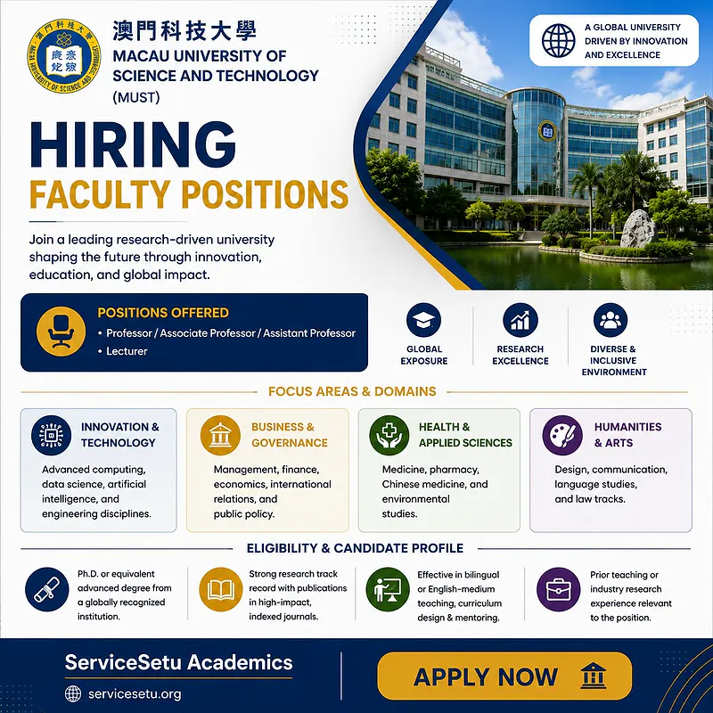 Macau University of Science and Technology (MUST) Faculty Recruitment 2026: Professor, Associate Professor, Assistant Professor & Lecturer Positions