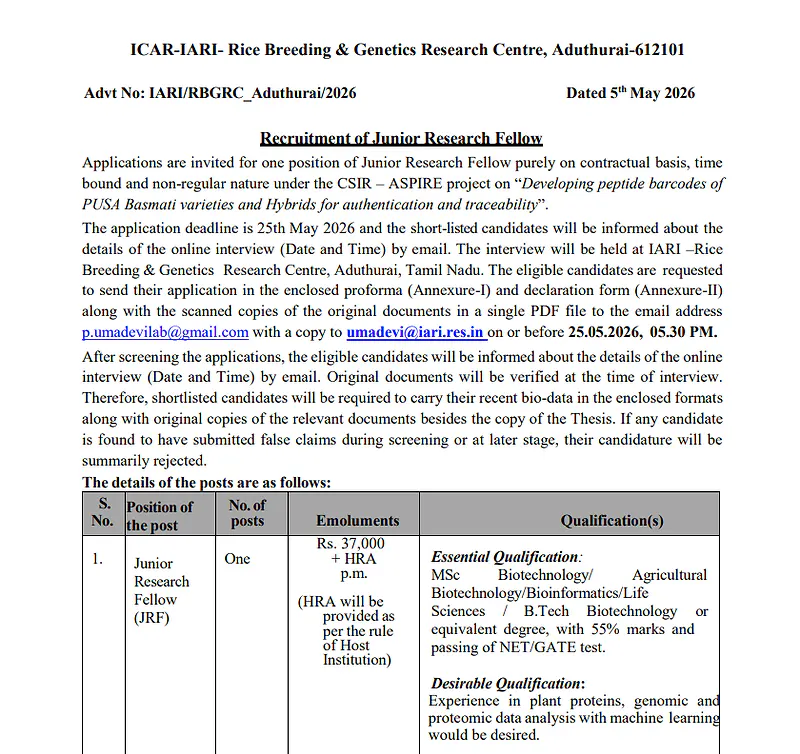  ICAR-IARI Aduthurai Recruitment 2026 : Junior Research Fellow (JRF) Vacancy