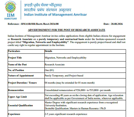 Research Associate Recruitment 2026 at IIM Amritsar – Migration, Networks and Employability Project