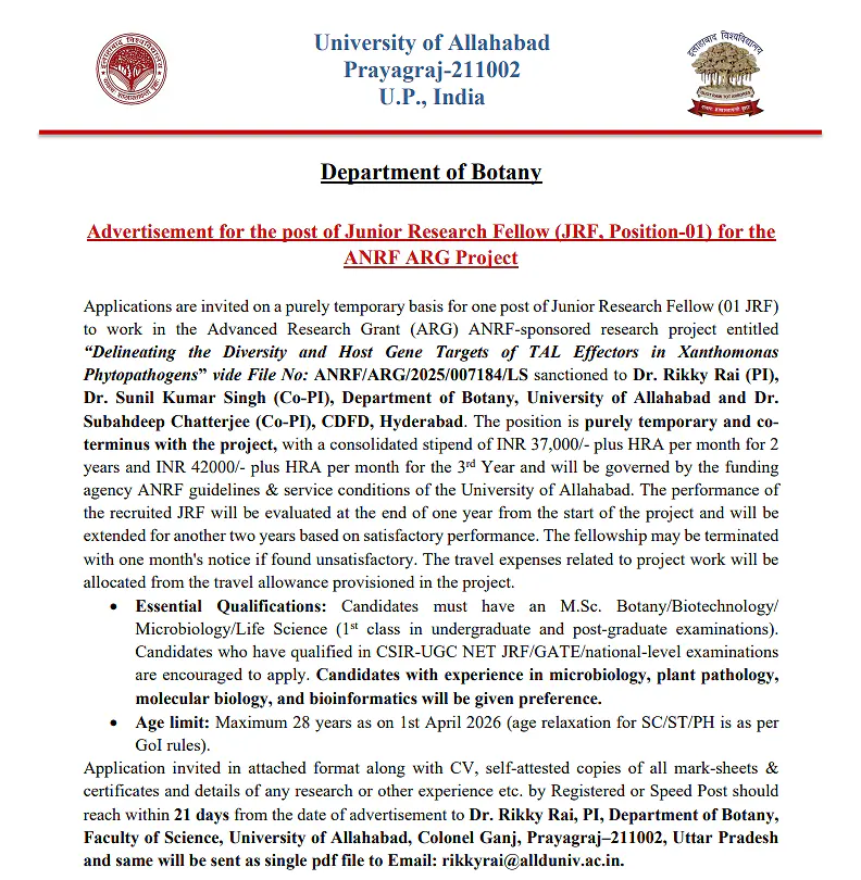 Research Position 2026 | University of Allahabad (ANRF ARG Project)