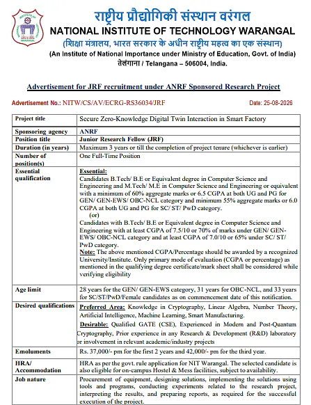 Junior Research Fellow Recruitment 2026 at NIT Warangal – ANRF Sponsored Digital Twin Security Project