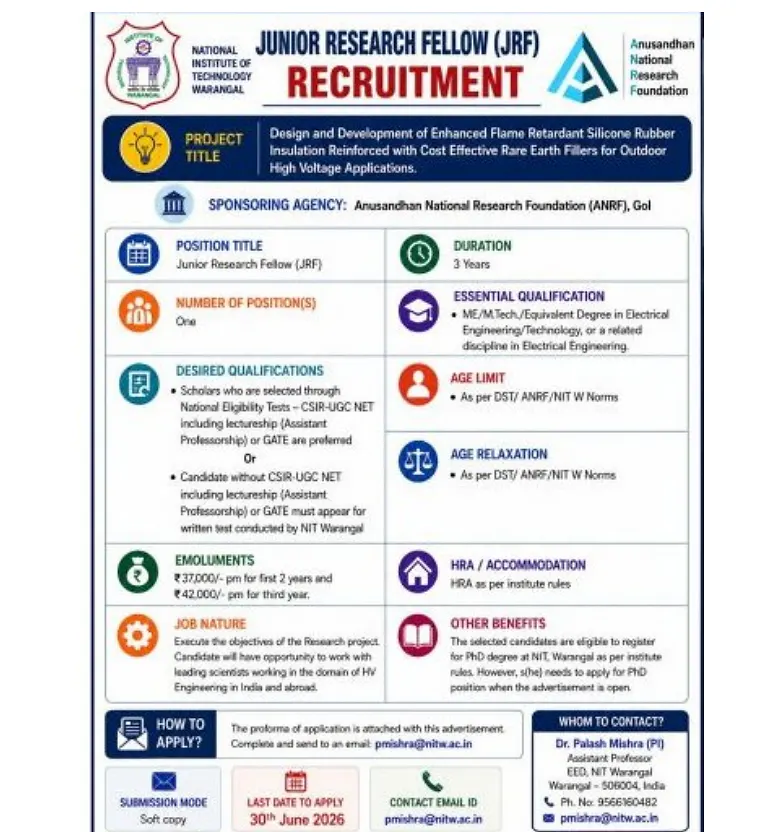 NIT Warangal JRF Recruitment 2026 – Apply for ANRF-Funded Electrical Engineering Research Project