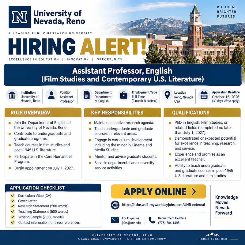 Assistant Professor, English (Film Studies and Contemporary U.S. Literature) – University of Nevada, Reno