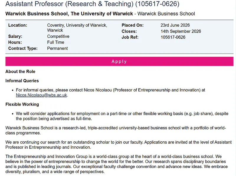 University of Warwick Recruitment 2026: Assistant Professor (Research & Teaching) in Entrepreneurship and Innovation