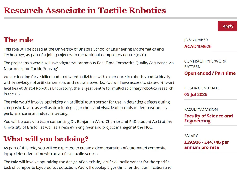 Research Associate in Tactile Robotics at the University of Bristol, UK