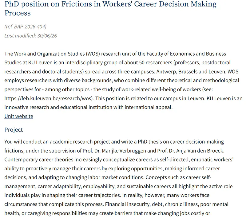 KU Leuven Invites Applications for PhD Position on Workers' Career Decision-Making