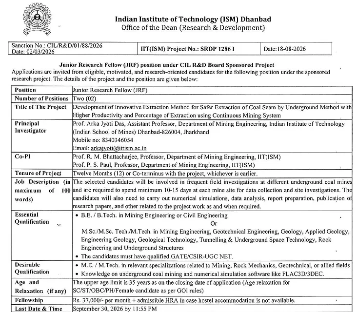 Junior Research Fellow Recruitment 2026 at IIT (ISM) Dhanbad – CIL R&D Sponsored Project