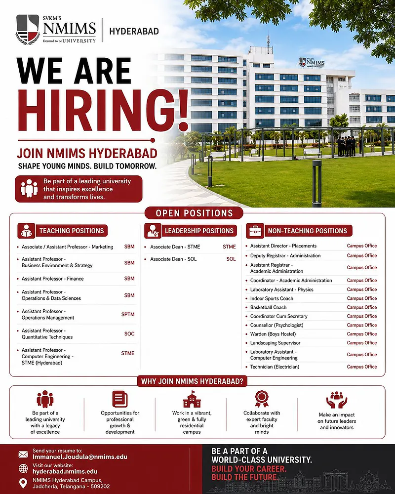 NMIMS Hyderabad Recruitment 2026: Teaching, Leadership and Non-Teaching Positions