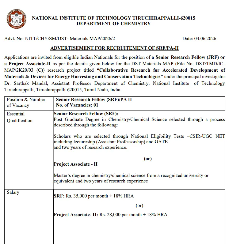 Senior Research Fellow (SRF) / Project Associate-II Recruitment 2026 at NIT Tiruchirappalli
