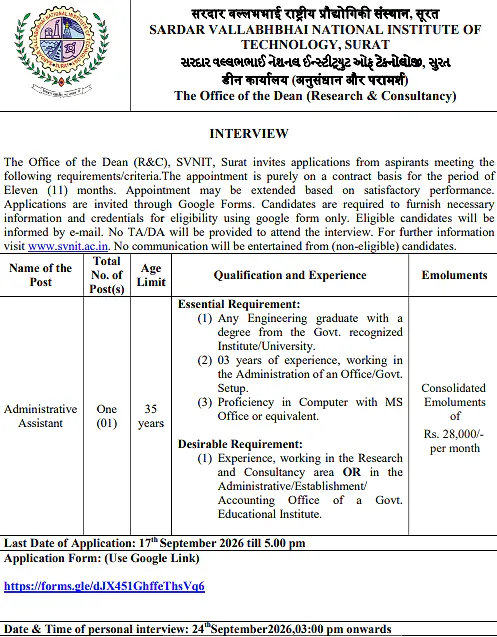 Administrative Assistant Recruitment 2026 at SVNIT Surat – Contractual Position