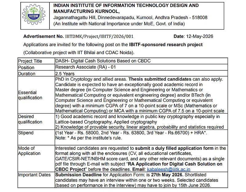 IIITDM Kurnool Recruitment 2026  Research Associate (RA) 