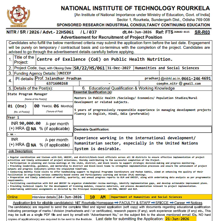 NIT Rourkela Recruitment 2026: State Program Manager Position Under UNICEF-Funded Public Health Nutrition Project