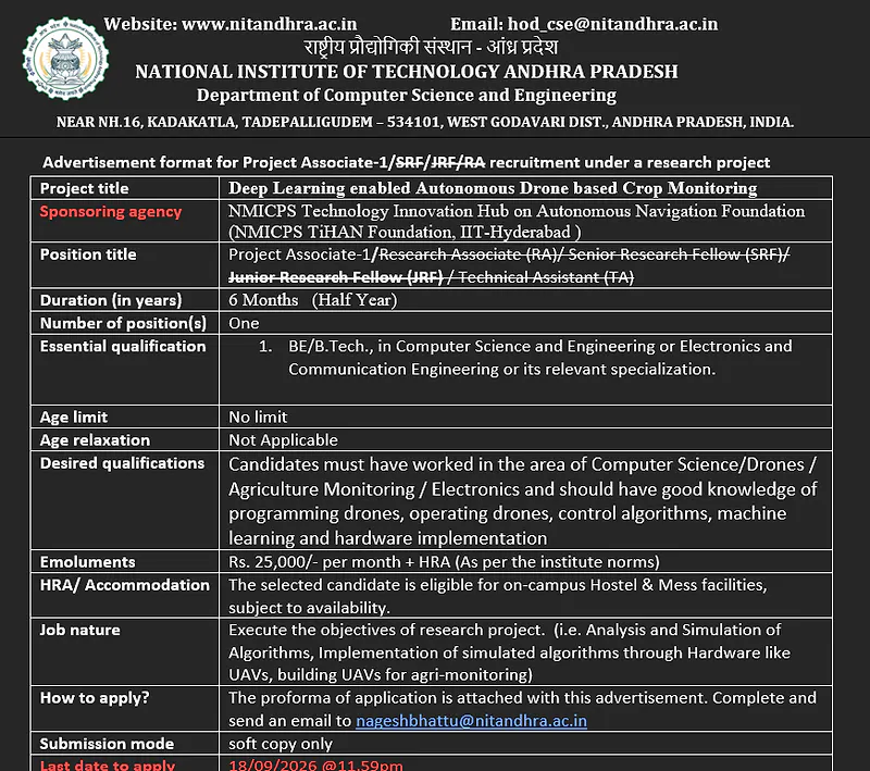 NIT Andhra Pradesh Project Associate-I Recruitment 2026 – Deep Learning & Autonomous Drone Project
