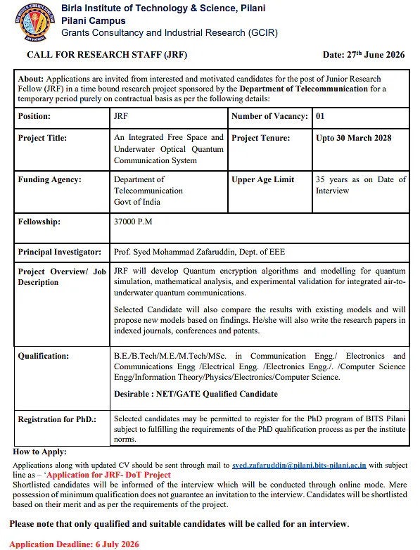 BITS Pilani Recruitment 2026: Junior Research Fellow (JRF) Vacancy – Department of EEE