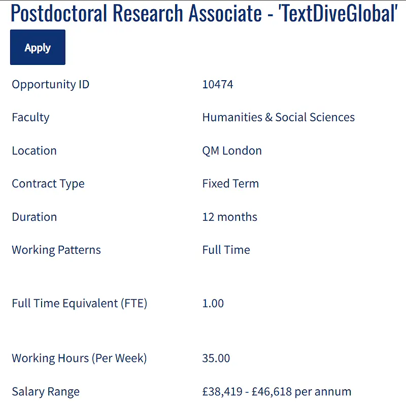 Postdoctoral Research Associate – TextDiveGlobal at QM London