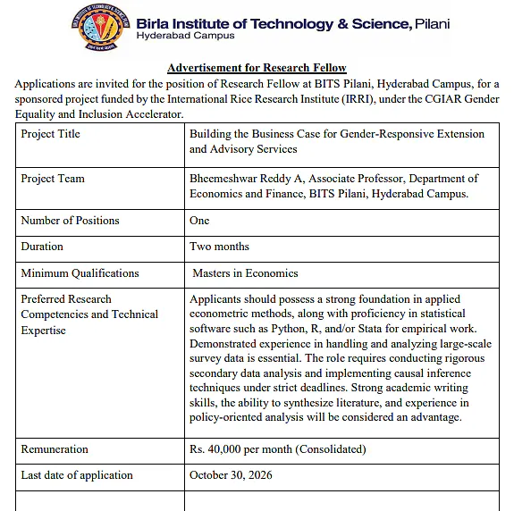 Research Fellow Recruitment 2026 – BITS Pilani, Hyderabad Campus