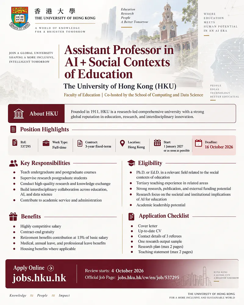 ASSISTANT PROFESSOR IN AI + SOCIAL CONTEXTS OF EDUCATION – THE UNIVERSITY OF HONG KONG